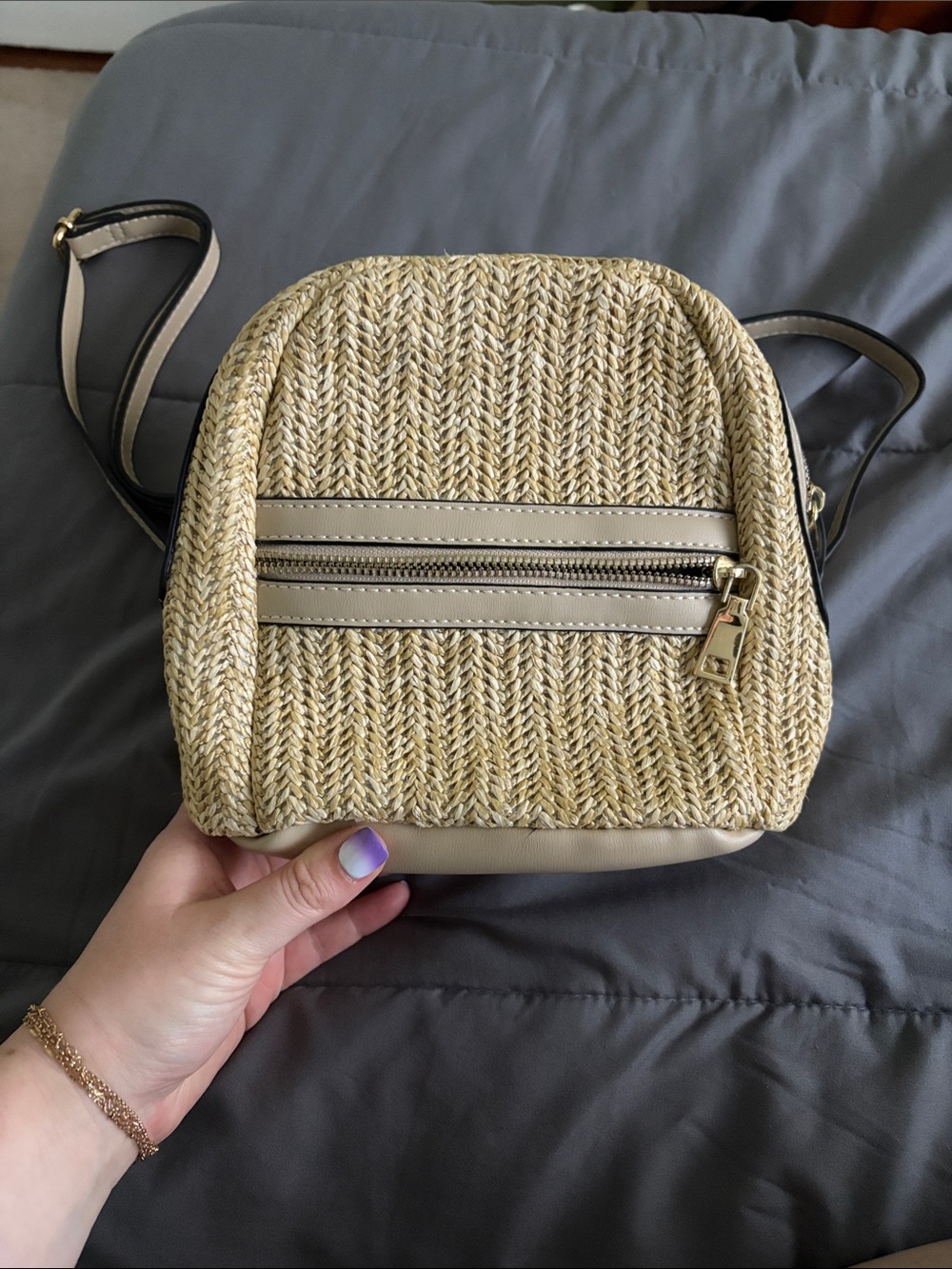 Woven Straw Crossbody Mini Backpack in Beige
